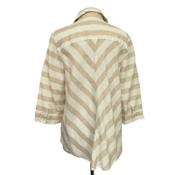 Chico's 100% Linen Button Front Blouse Striped Front Chevron Back Tan White Sz 2 - Picture 4 of 5
